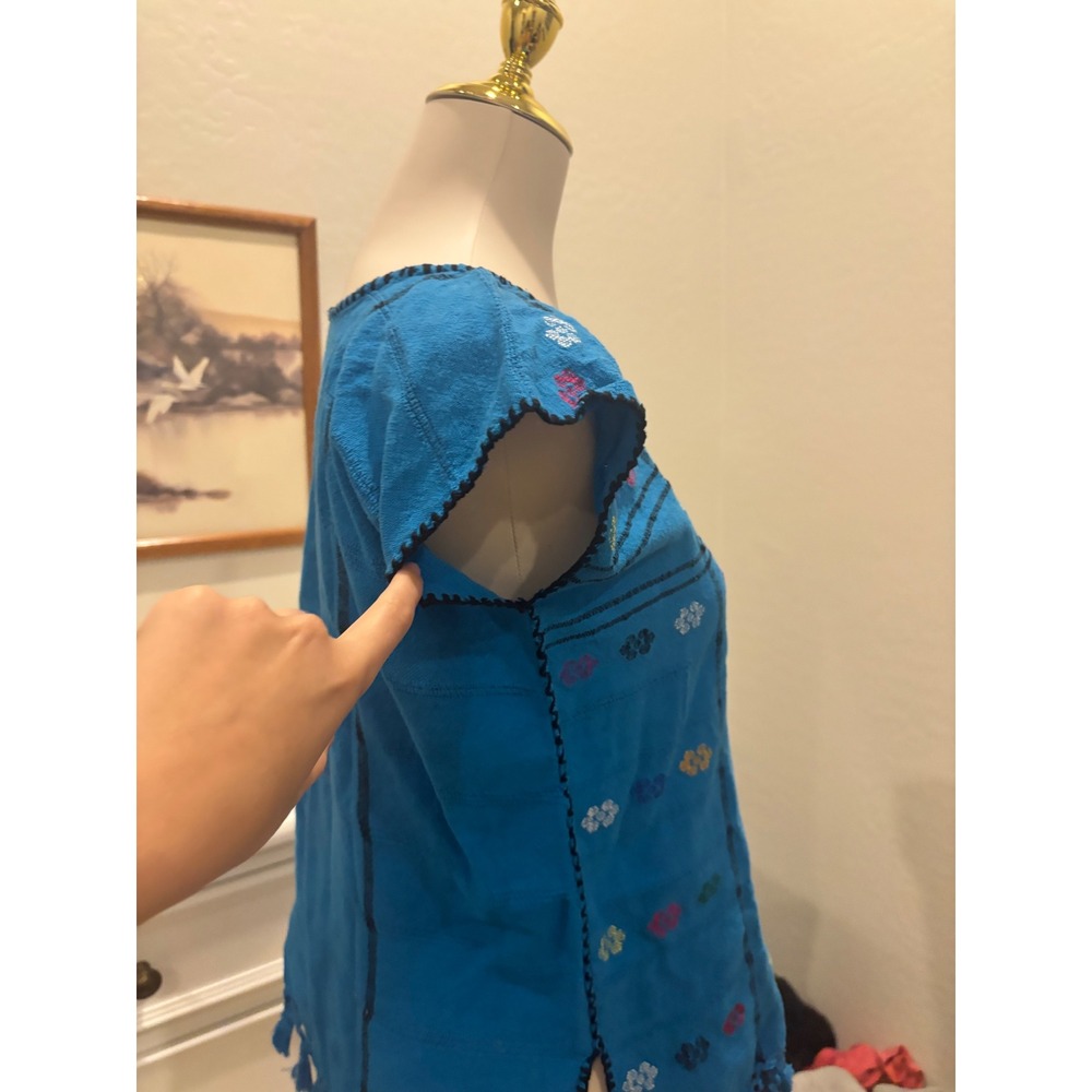 Mexican Huipil Embroidered Top Turquoise Blue Boho Artisanal Tassel Fringe top - Picture 3 of 5